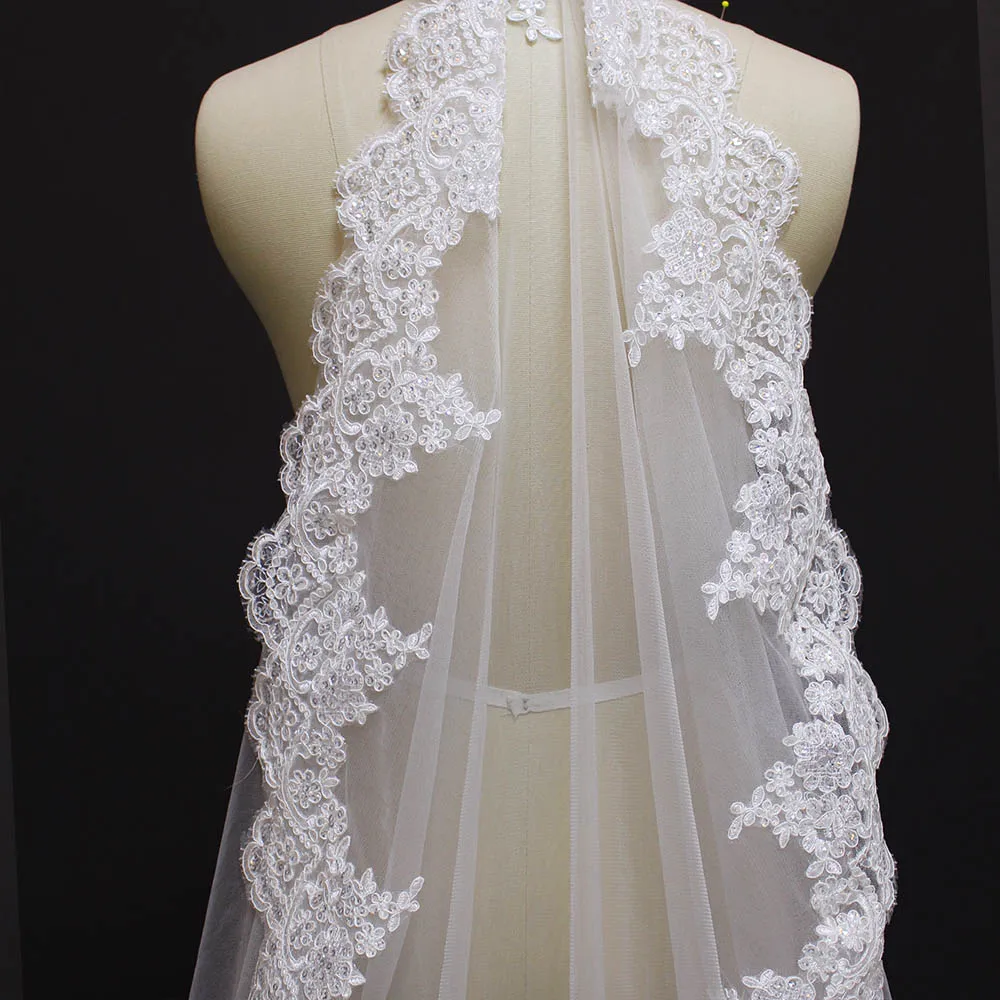 High Quality 2 Meters Sparkling Sequins Lace Wedding Veil 2M One Layer Soft Tulle Bridal Veil with Comb Voile Mariage 2019 Veu High Quality 2 Meters Sparkling Sequins Lace Wedding Veil 2M One Layer Soft Tulle Bridal Veil with Comb Voile Mariage 2019 Veu