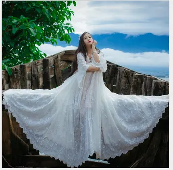 

High Quality Explosions Leisure Elegant Dresses Women White Lace Grace Full Sleeve Spring Autumn Big Swing Long Casual Dress Ves