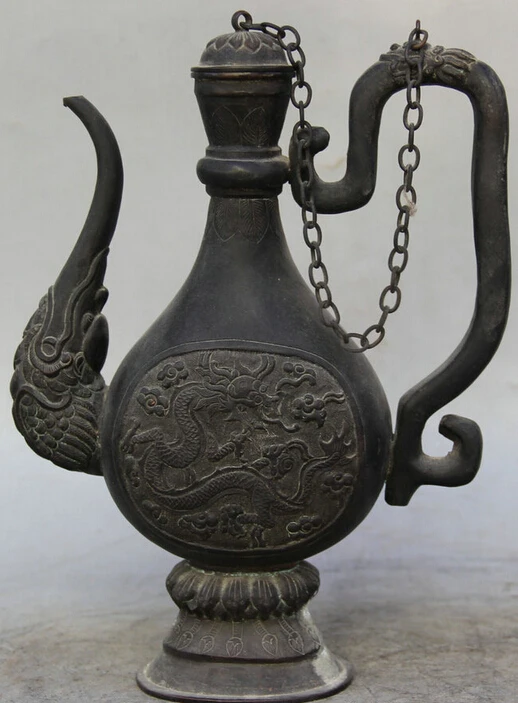 

JP S62 10" Ancient Marked Chinese Bronze Dragon Beast handle chain Wine Tea Pot Flagon