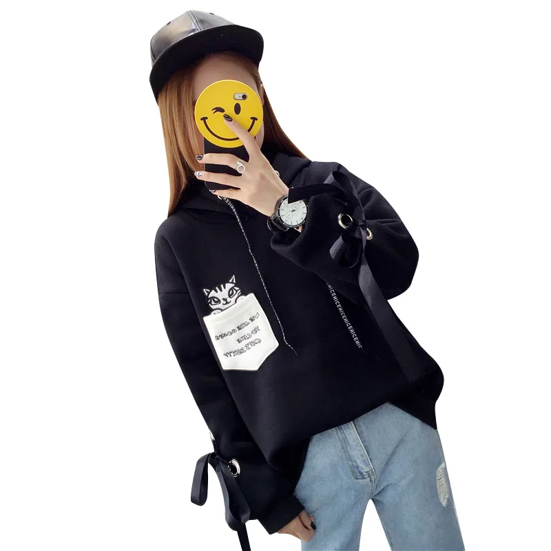 

Lychee Sweet Women Hooded Sweatshirt Cat Letter Embroidery Lace Up Pocket Long Sleeve Hoodies Tracksuit Female