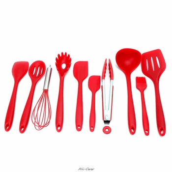 

10Pcs Red Heat Resitant Non-stick Silicone Kitchen Utensils Set Cooking Bake Tool Spatula Spoon Brush Wisk Tong Cook Tools