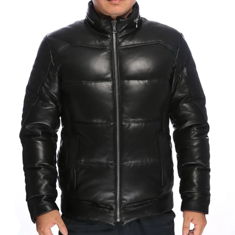 Новинка! Высококачественная Черная куртка из настоящей овчины, зимняя куртка на утином пуху, приталенная повседневная куртка из натуральной кожи со стоячим воротником для мужчин