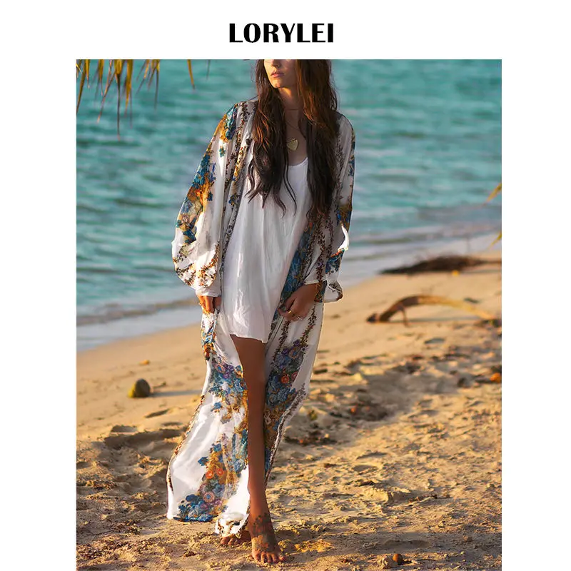 

Luxury Pattern Printed Cotton Beach Cover Up Plus Size Long Sleeve Women Summer Beachwear Ankle Length Kimono Cardigan N608