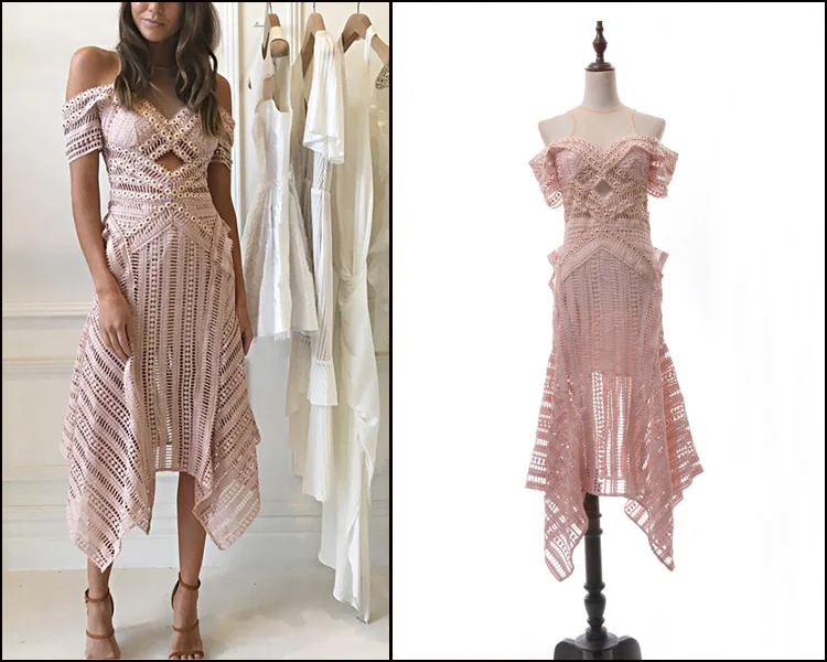 

New 2019 Brand Customized Hollow out Lacquer Screen Yarn Metal Button Eye Irregular Long Dress
