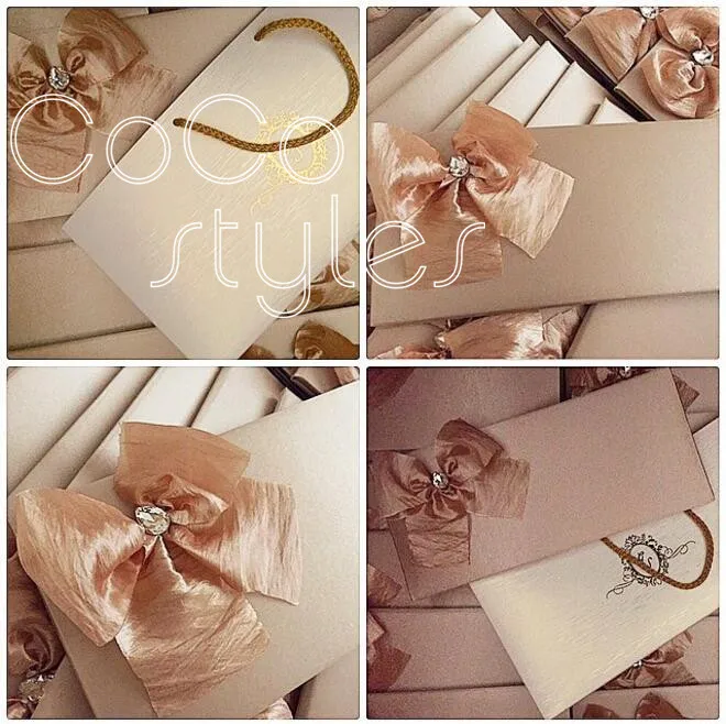  Cocostyles paper hard cover wedding invitation card with gold metal decoration and stain ribbon han - 32866062220