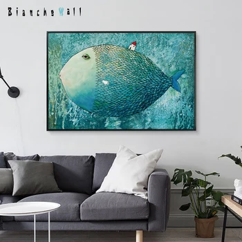 

Elegant Poetry Modern Cartoon Nordic Big Fish Small House Canvas Painting Art Print Poster Picture Home Decoration Wall Decor