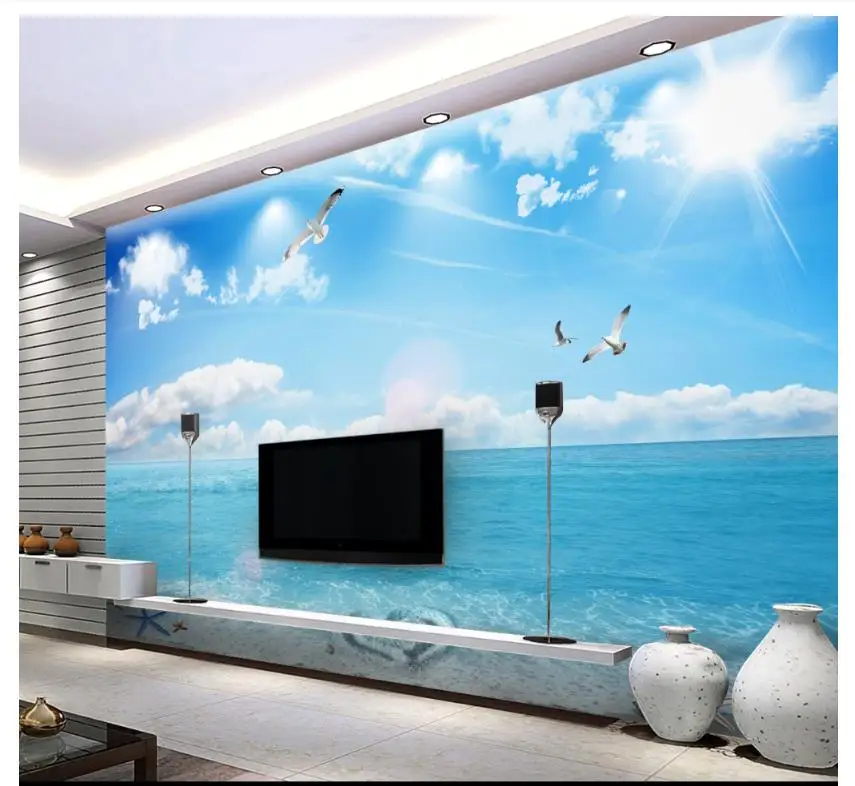 

Custom photo wallpaper for walls 3 d Mediterranean mural Blue sky, white clouds, romantic beach, sea view, 3D TV background wall