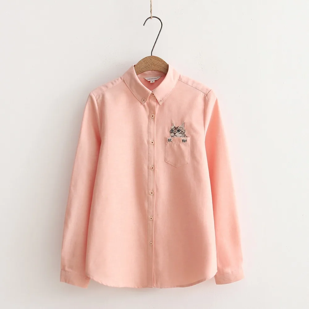 2017 New High Quality Spring Autumn Women Blouse Cats Embroidery Long Sleeve Work Shirts office Tops White Blouses |