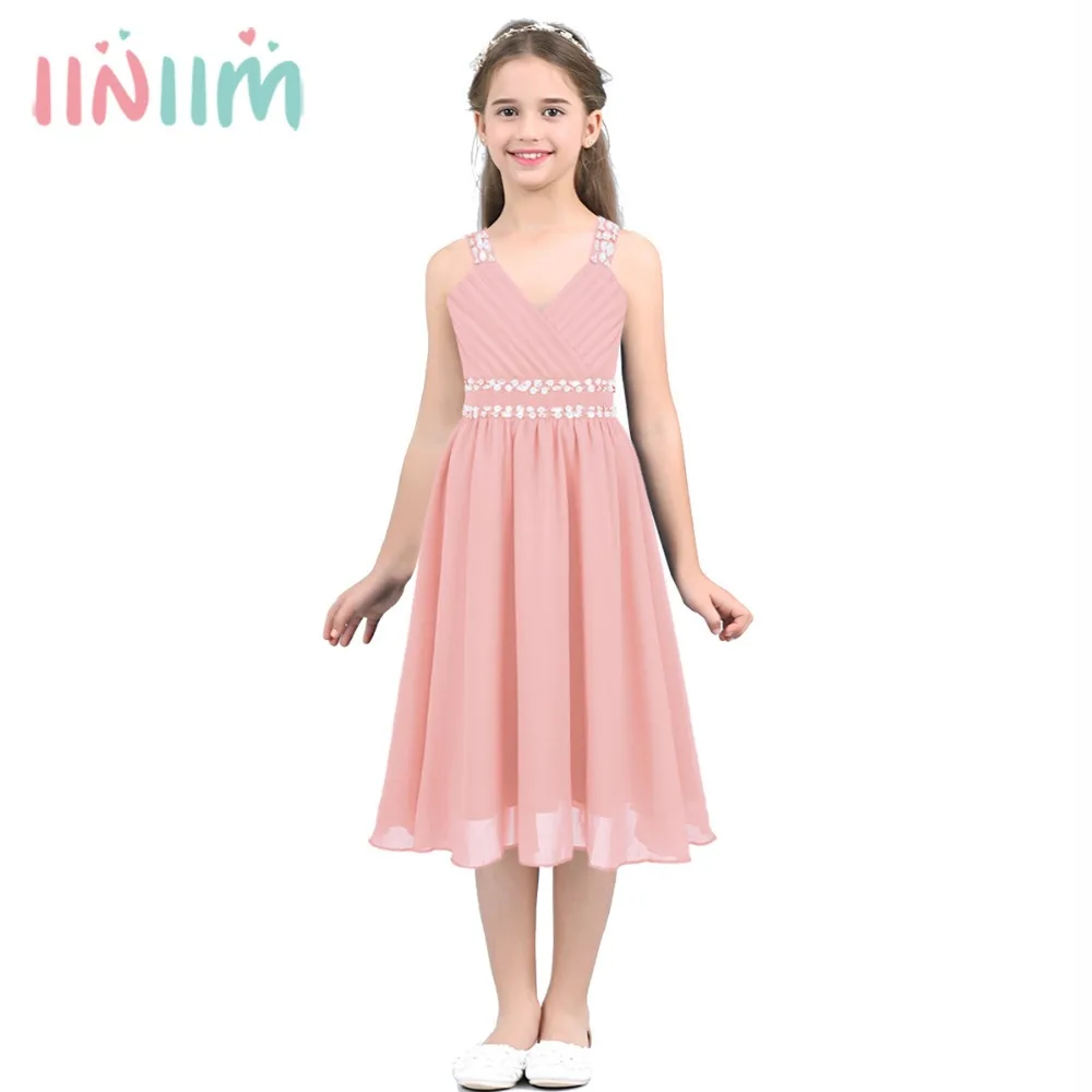 

Kids Girls Wide Shoulder Straps V Neckline Shiny Sequins Rhinestones Chiffon Dress for Party Summer Casual Weeding Party Dress