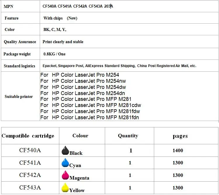 Тонер-картриджи совместимые для hp 203a CF540a CF541a CF542a CF543a Laserjet M254 M254nw M254dw M281fdw M281fdn