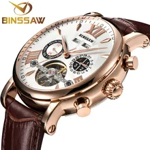 BINSSAW для мужчин новый Tourbillon автоматические механические часы Роскошные модные и повседневное брендовые кожаные мужские неделя золото…