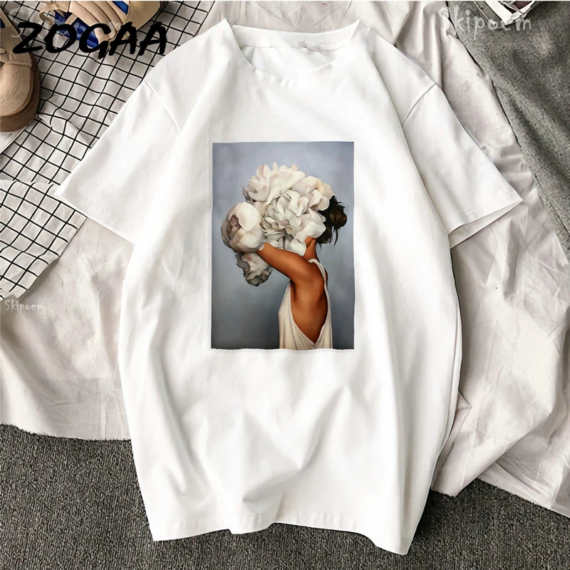 

ZOGAA Women Cotton Harajuku Aesthetics T-shirt Sexy Flowers Feather Print Short Sleeve Tops & Tees Fashion Casual Couple T Shirt