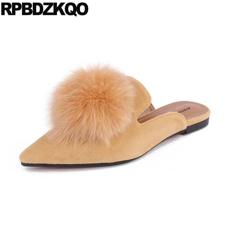 Fur Pointed Toe Flats Slip On Ladies China Chic Slides Mules Women Yellow Kawaii 2017 Cheap Shoes Suede Slippers Sandals Pom Pom fringe slip on slides yellow