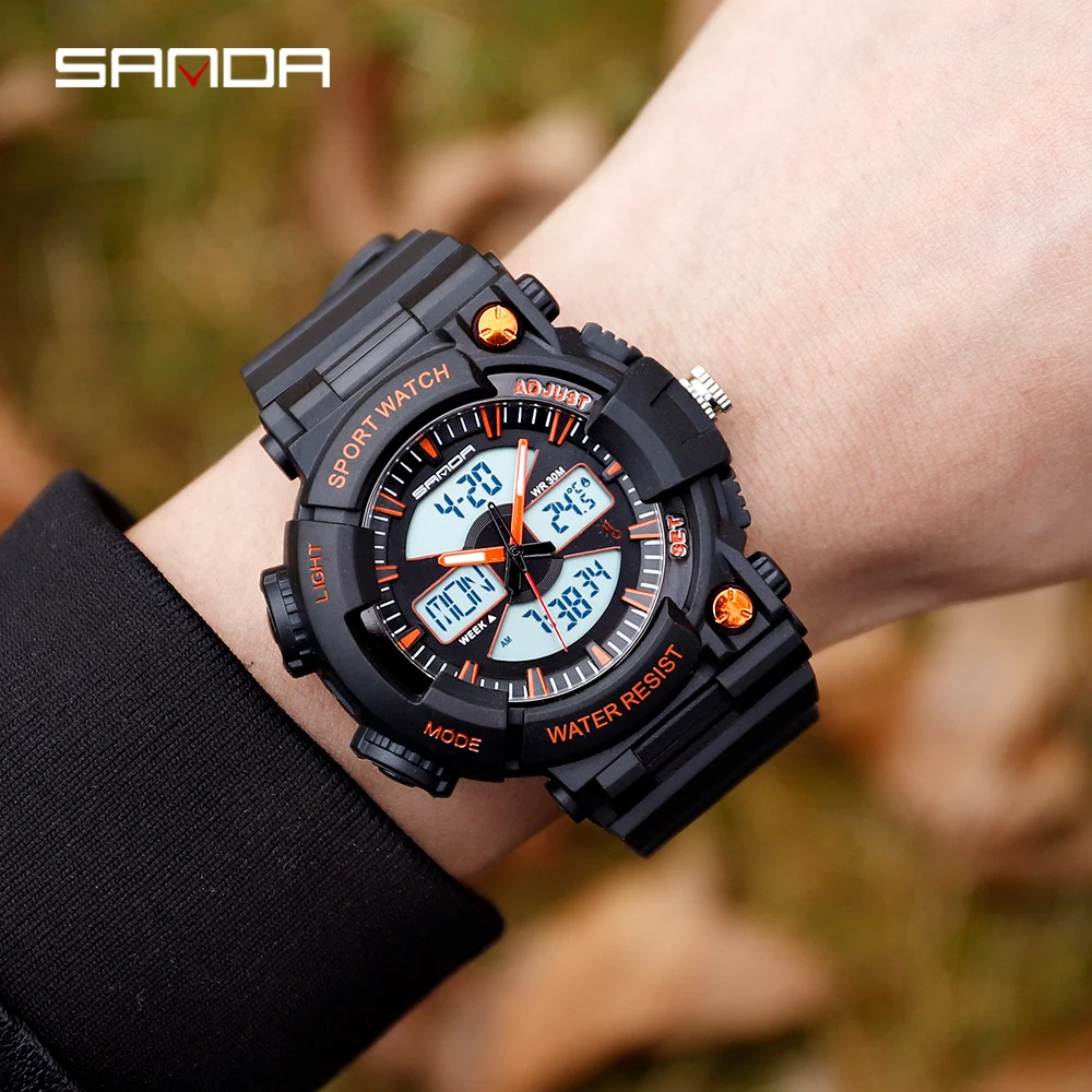 SANDA ударный термометр Модные мужские спортивные часы светодиодный цифровые часы мужские роскошные брендовые военные водонепроницаемые мужские часы