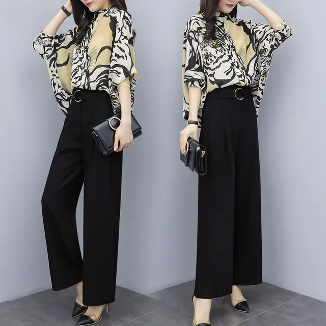 

Women Chiffon Pant Suits Elegant Formal Office Lady Business Work Pantsuits Bat Sleeve Print Blouse Shirt Wide Leg Trousers Set