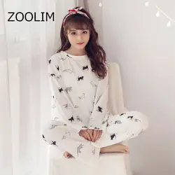ZOOLIM осень кот Для Женщин пижамы 100% хлопковые пижамы комплекты пижама с длинным рукавом 2 шт. Домашняя одежда гостиная сна Pijama