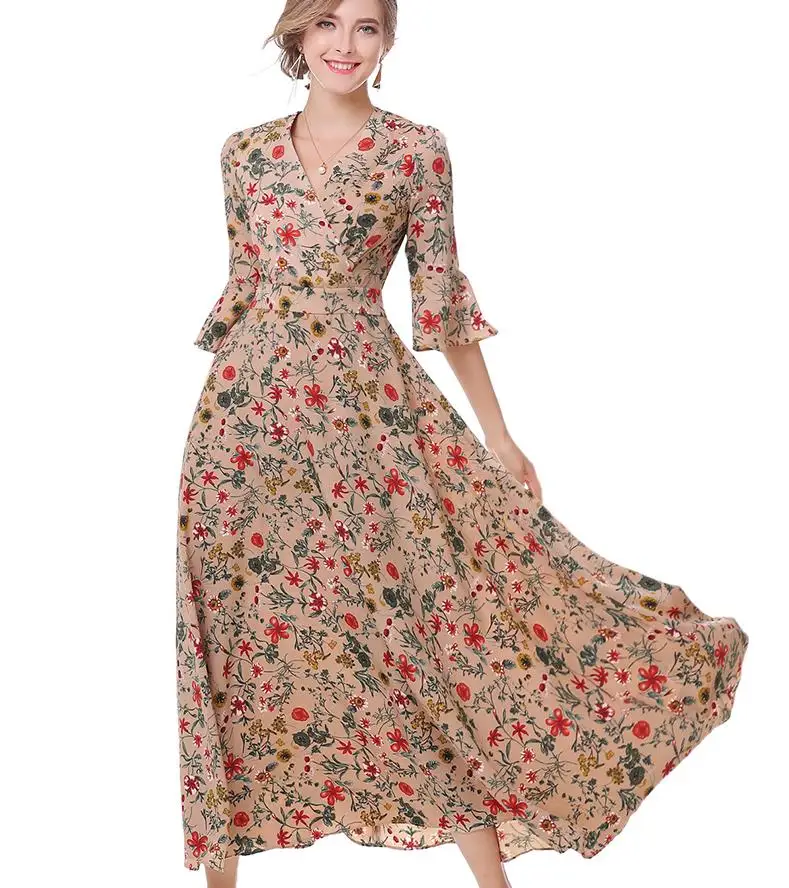 

Free Shipping Bohemian Style Deep V Collar Flower Printing High Waist Half Sleeve Chiffon Long Dress With Belt