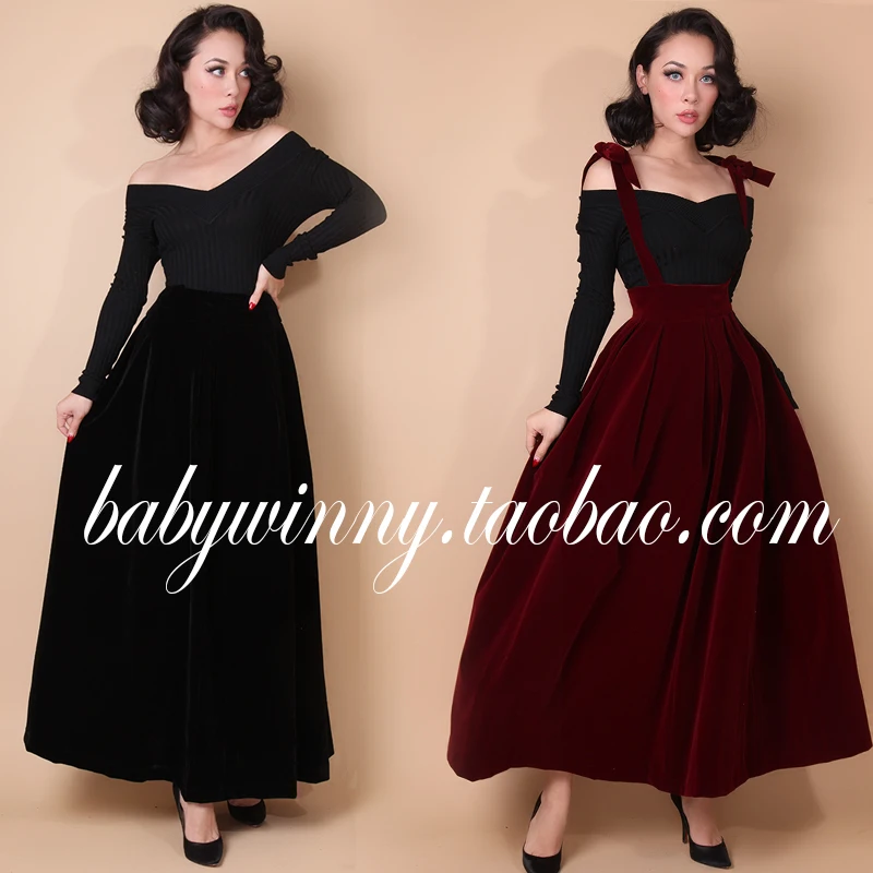 

20- le palais vintage 50s velvet braces long maxi skirt in black burgundy plus size rockabilly pinup jumper skirts overalls