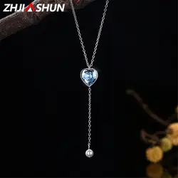 ZHJIASHUN Серебряное сердце Цепочки и ожерелья для Для женщин 100% 925 пробы серебряные подвески Цепочки и ожерелья s с голубой циркон женских