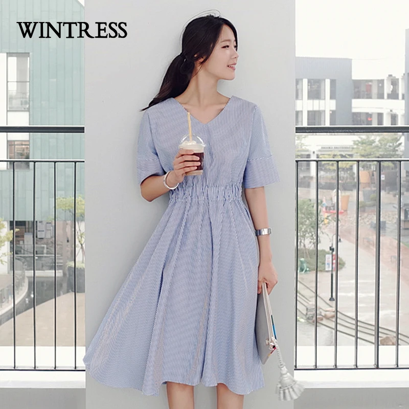 blue and white vertical striped dress