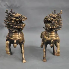 " Пара Китайский Медь животного талисман зверь Kylin Чи-Лин Единорог Статуи