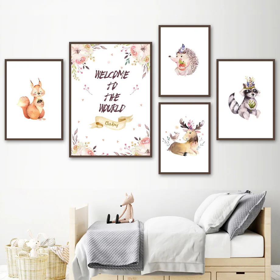 

Squirrel Elk Raccoon Flowers Quotes Wall Art Canvas Painting Nordic Posters And Prints Nursery Wall Pictures For Kids Room Decor