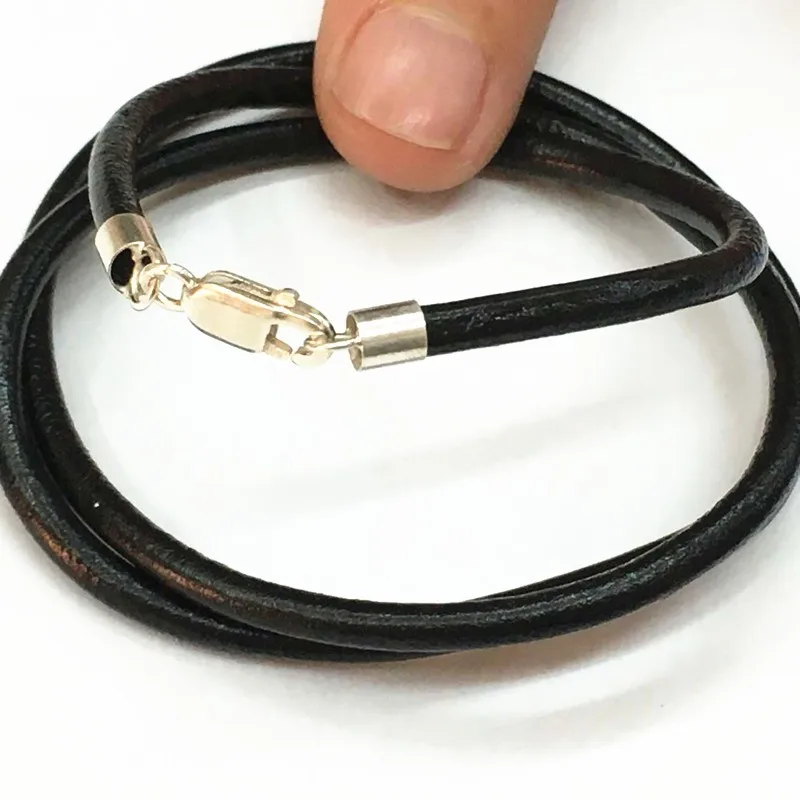 Черный кожаный шнур ожерелье с 925 коннекторы из стерлингового серебра и застежки круглый кожаный шнур для мужчин и женщин 1,5 мм, 2 мм, 3 мм