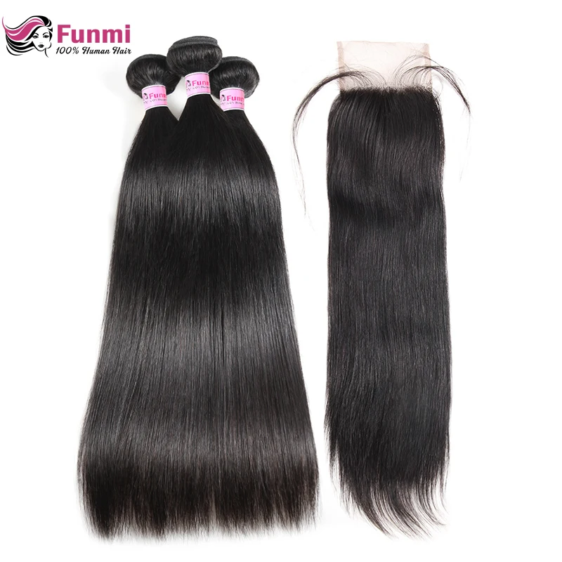 

Straight Virgin Hair Bundles With Closure 4X4 Inch Peruvian Human Hair Bundles With Closure 3 Bundles With Closure Funmi Hair