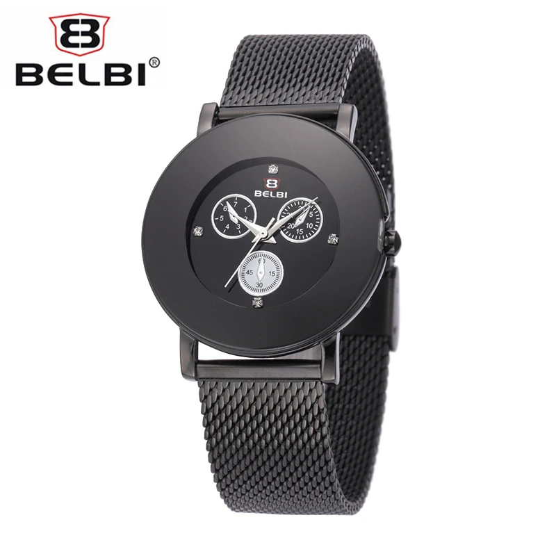 Prix pour Belbi nouveau style élégant montre de mode femmes en acier inoxydable maille bracelet simulation trois yeux dial casual quartz montre-bracelet Prix pour Belbi nouveau style élégant montre de mode femmes en acier inoxydable maille bracelet simulation trois yeux dial casual quartz montre-bracelet