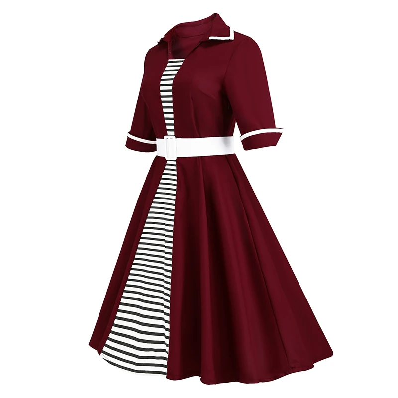 Kostlich Striped Women Autumn Dress 2017 Half Sleeve Audrey Hepburn 1950s Vintage Dress Belt Tunic Swing Party Dresses Plus Size (16)