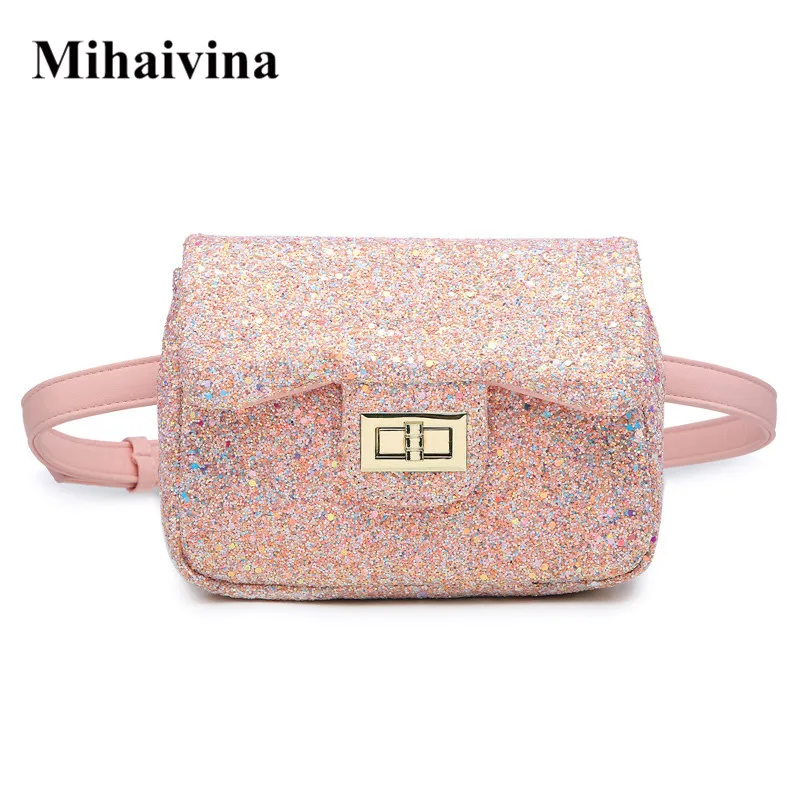 Mihaivina بريق المرأة الخصر حقيبة الوردي حزمة مراوح حقيبة بحزام الأزياء Feamle الكتف حقيبة بوم أكياس الحقيبة الورك محفظة الخصر حزمة