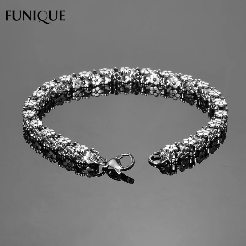

FUNIQUE Women Men 316L Stainless Steel Bracelet&Bangles Silver Color Flower Spacer Hollow Bracelet Men Jewelry Gifts 20cmx3/5mm
