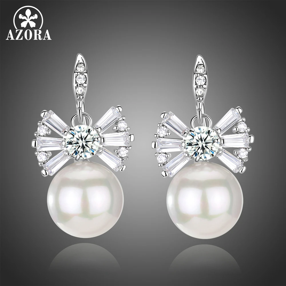 AZORA Light Ivory Pearl Drop Vintage Bridal Bowknot Earrings with White Gold Color Round Cut Clear Cubic Zirconia TE0336