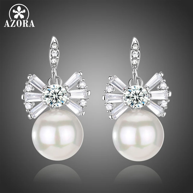 Azora Light Ivory Pearl Drop Vintage Bridal Bowknot Earrings With Azora Light Ivory Pearl Drop Vintage Bridal Bowknot Earrings With White Gold Color Round Cut Clear