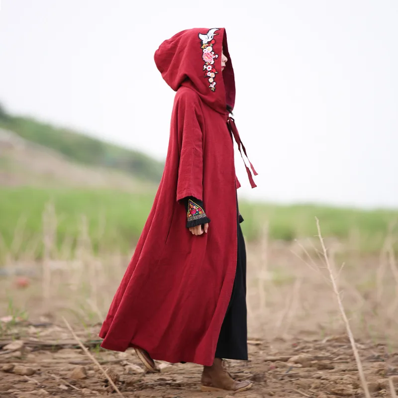 LZJN вышитое пальто для женщин длинное пальто с капюшоном плащ в китайском стиле красный кардиган черная ветровка винтажное пальто 1875 - Цвет: deep red