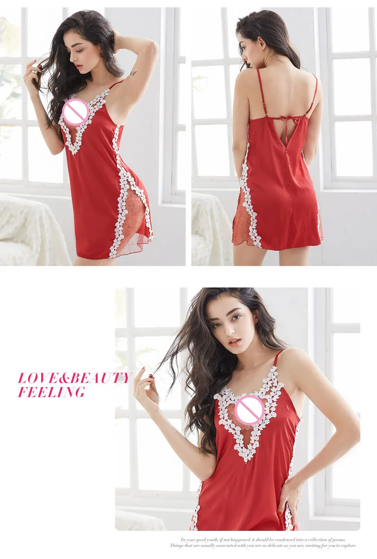 Red/Black/Skin Tone New Women Sexy Silk Lingerie Lace Hollow Deep V Transparent Erotic Sling Sleepwear Slips M-L