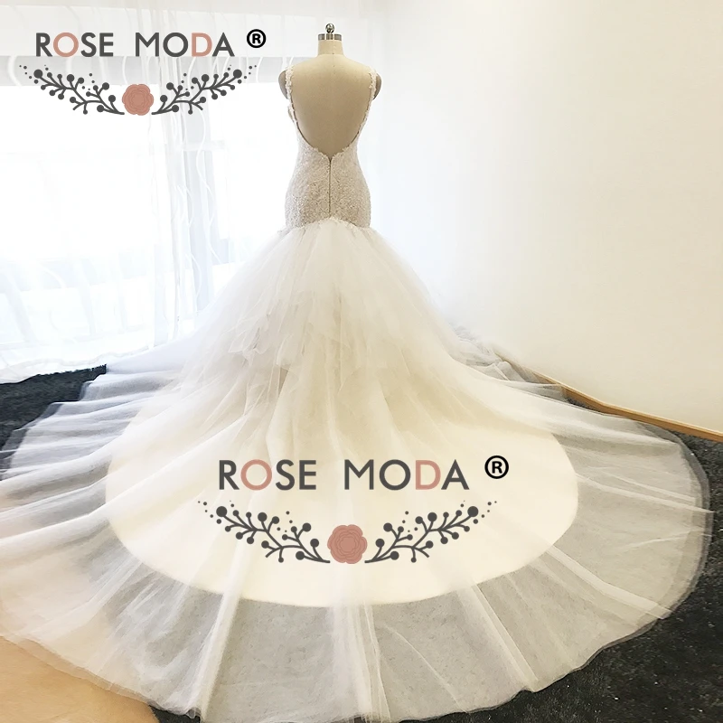 Rose Moda сексуальное кружевное свадебное платье русалки с открытой спиной, с соборным шлейфом, кружевные свадебные платья, длинный шлейф, реальные фотографии