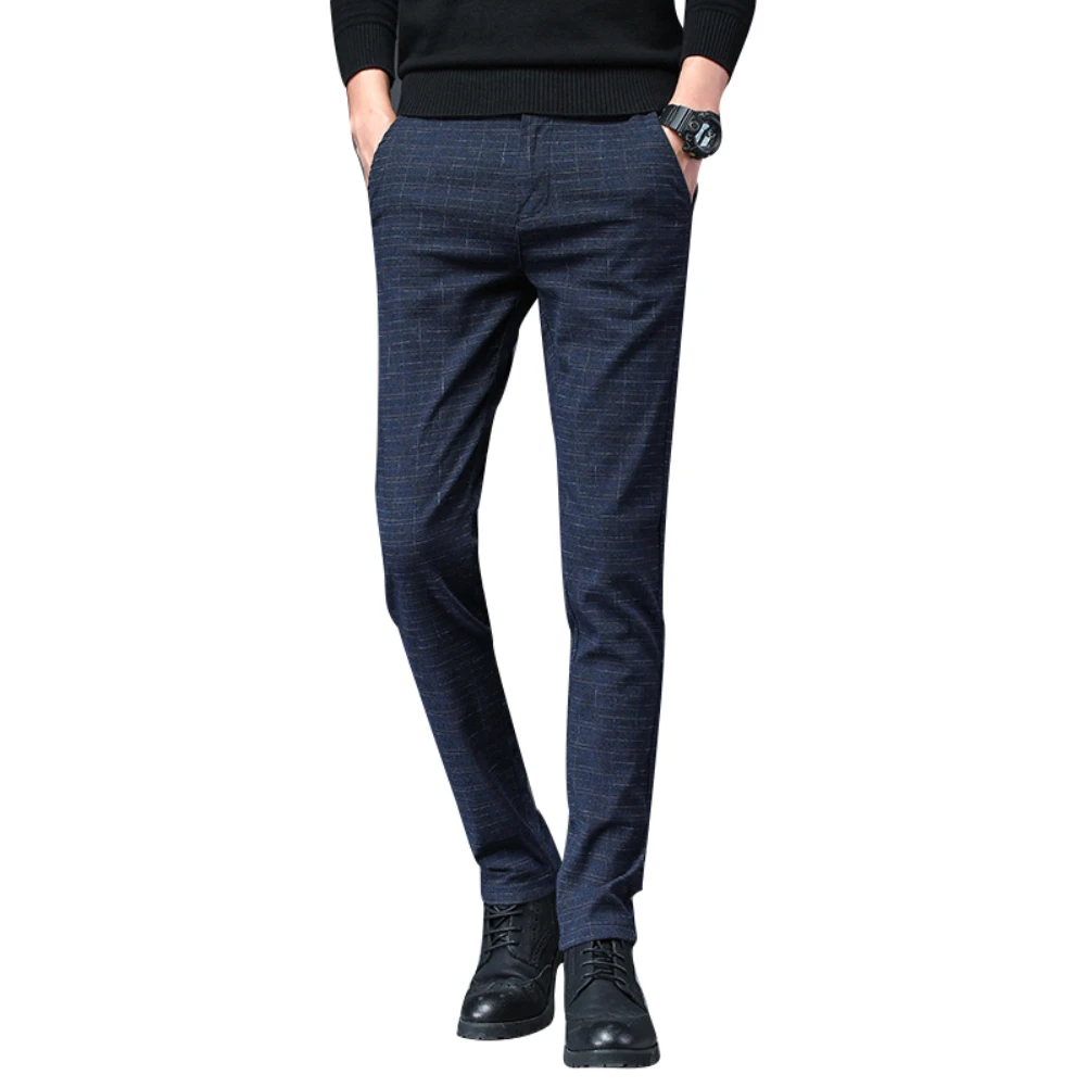 Осенние мужские повседневные клетчатые прямые длинные брюки Slim Fit рабочие