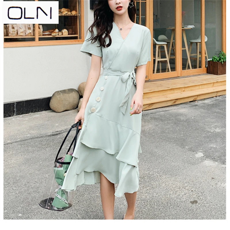 

Vestidos Korean OLN Summer New Arrival Irregular ruffled temperament V-neck waist tie holiday dress for women