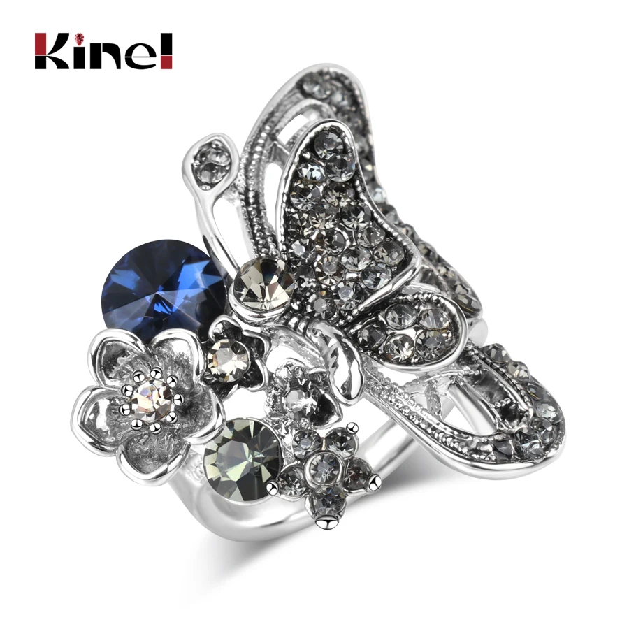 

Kinel Punk Charm Big Butterfly Ring Antique Silver Mosaic Blue Crystal Rings For Women Luxury Party Gifts Vintage Animal Jewelry