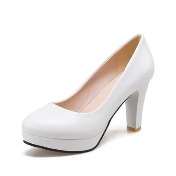 

Age season new fashion high heels thick with size code 31-46 shallow mouth contracted joker round head single women's shoes