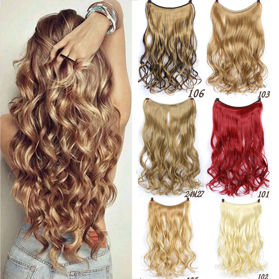 

AOSIWIG 22'' Not Clip in Hair Extensions Secret Miracle Wire Hair Piece Fish Line Headband Long Curly Wavy Sandy Blonde