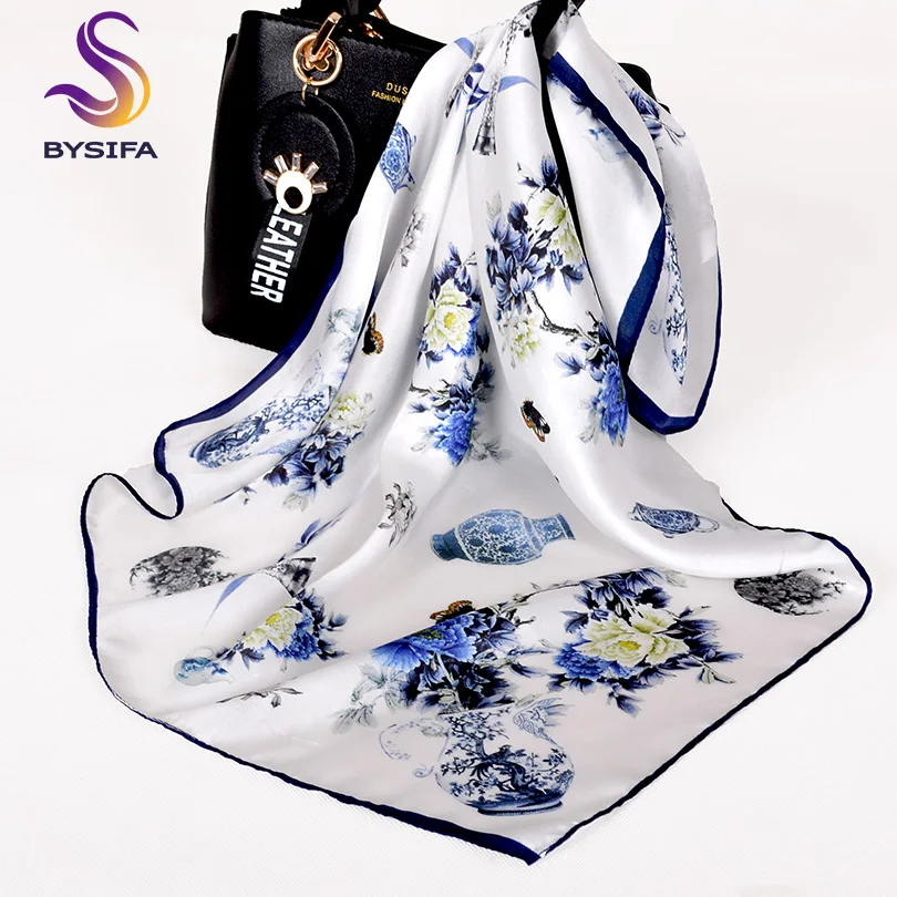 

[BYSIFA] Chinese Style Peony Design 100% Silk Scarf Women Blue White Neck Scarf Small Bag Ribbons Fashion Brand Square Scarves