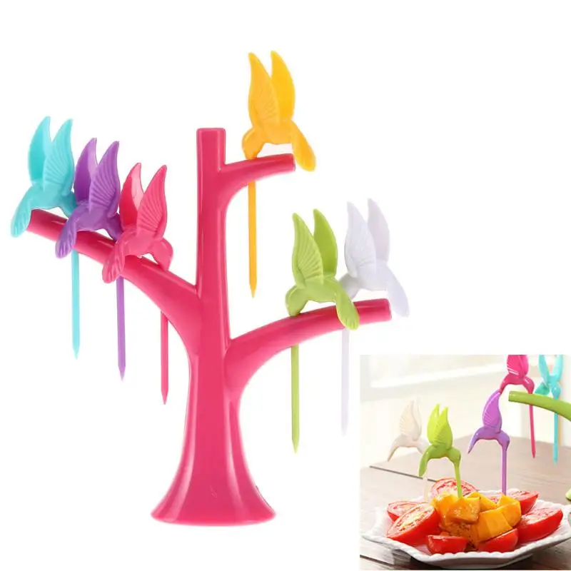 Новая посуда Creative дерево с птицами Дизайн Пластик фрукты вилы 1 Подставка + 6 вилок овощей вилка Кухня аксессуары