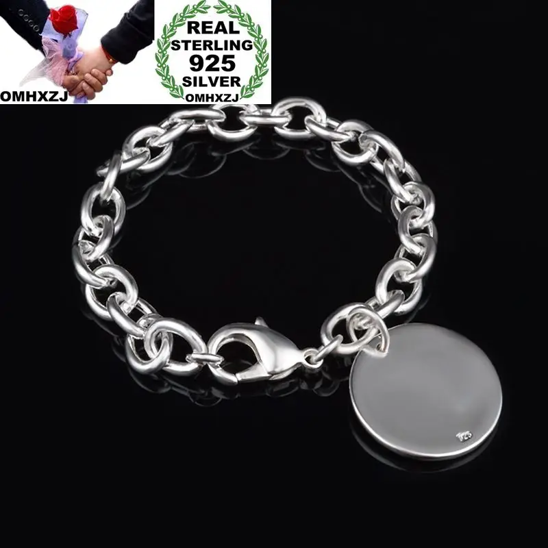 

OMHXZJ Wholesale Personality Fashion OL Woman Girl Gift Silver Round Card Charm Thick Chain 925 Sterling Silver Bracelet BR78