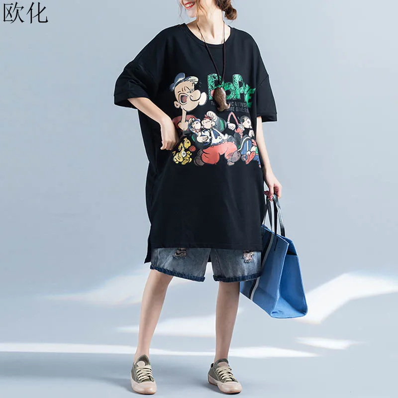 

Oversize Kawaii T Shirt Women Summer Plus Size Art Cartoon Print Tee Shirt Female Loose Batwing Long T Shirt Dress 4XL 5XL 6XL