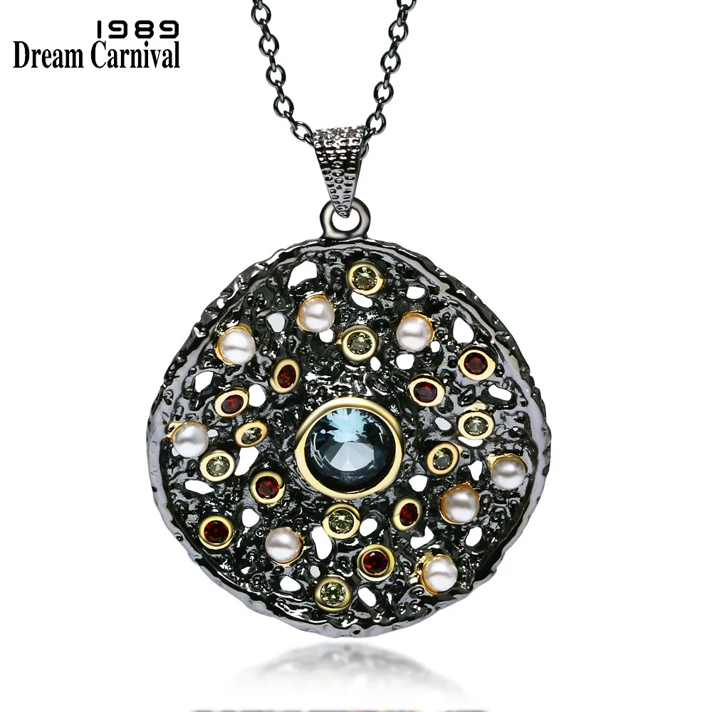 DreamCarnival 1989 Hot Gothic Jewelry Black Gold Color Pendant Chain Necklace Women Mixed Cubic Zircon Synthetic Pearl WP6532