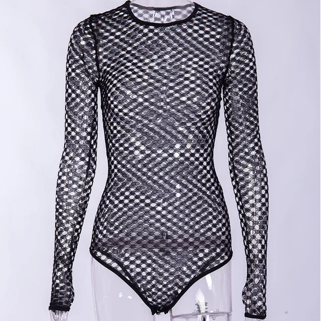 Sexy See Through Mesh Bodysuit Women Body Top Spring Long Sleeve ...