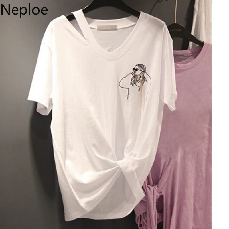Neploe Cartoon Figure Print Women T Shirts Hollow Out V-Neck Short Sleeve Female Tops Korean Cotton Shoulder Strapless Tee 45280 | Женская