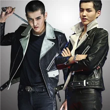 Новинка года Для мужчин Зимние Модные мотоциклетные кожаная одежда тонкий Черный и белый цвета разноцветная с устойчивым каблуком украшения кожаная куртка Костюмы